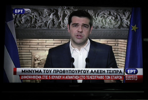 epa04820848 A general view shows a TV screen displaying Greek Prime Minister Alexis Tsipras announcing a bailout referendum on the Greek debt deal to take place on 05 July 2015, during a televised speech on the state TV ERT in Athens, Greece, 27 June 2015. Greek voters will decide in a referendum whether their government should accept an economic reform package put forth by Greece's creditors, Greek Prime Minister Alexis Tsipras announced. Tsipras says he had already informed President Prokopis Pavlopoulos and the largest opposition party, the conservative New Democracy party, of the plans.  EPA/SIMELA PANTZARTZI